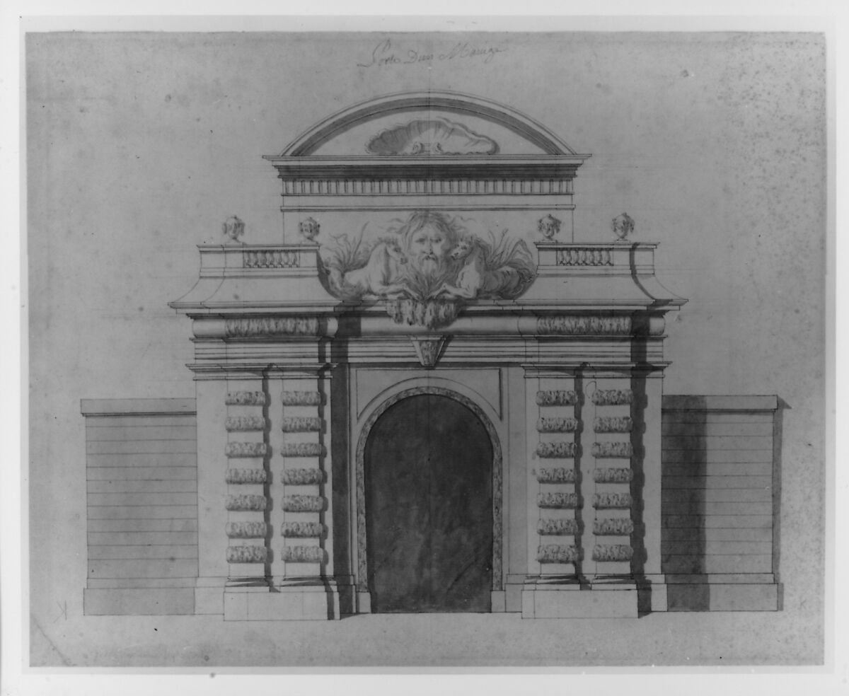 Elevation of an Entrance to a Riding School, Anonymous, French, 18th century, Pen and red ink, brush and red wash, over graphite underdrawing and incised guidelines on pale blue laid paper