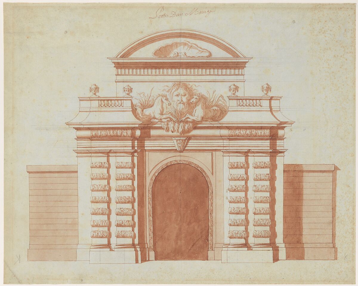 Elevation of an Entrance to a Riding School, Anonymous, French, 18th century, Pen and red ink, brush and red wash, over graphite underdrawing and incised guidelines on pale blue laid paper 