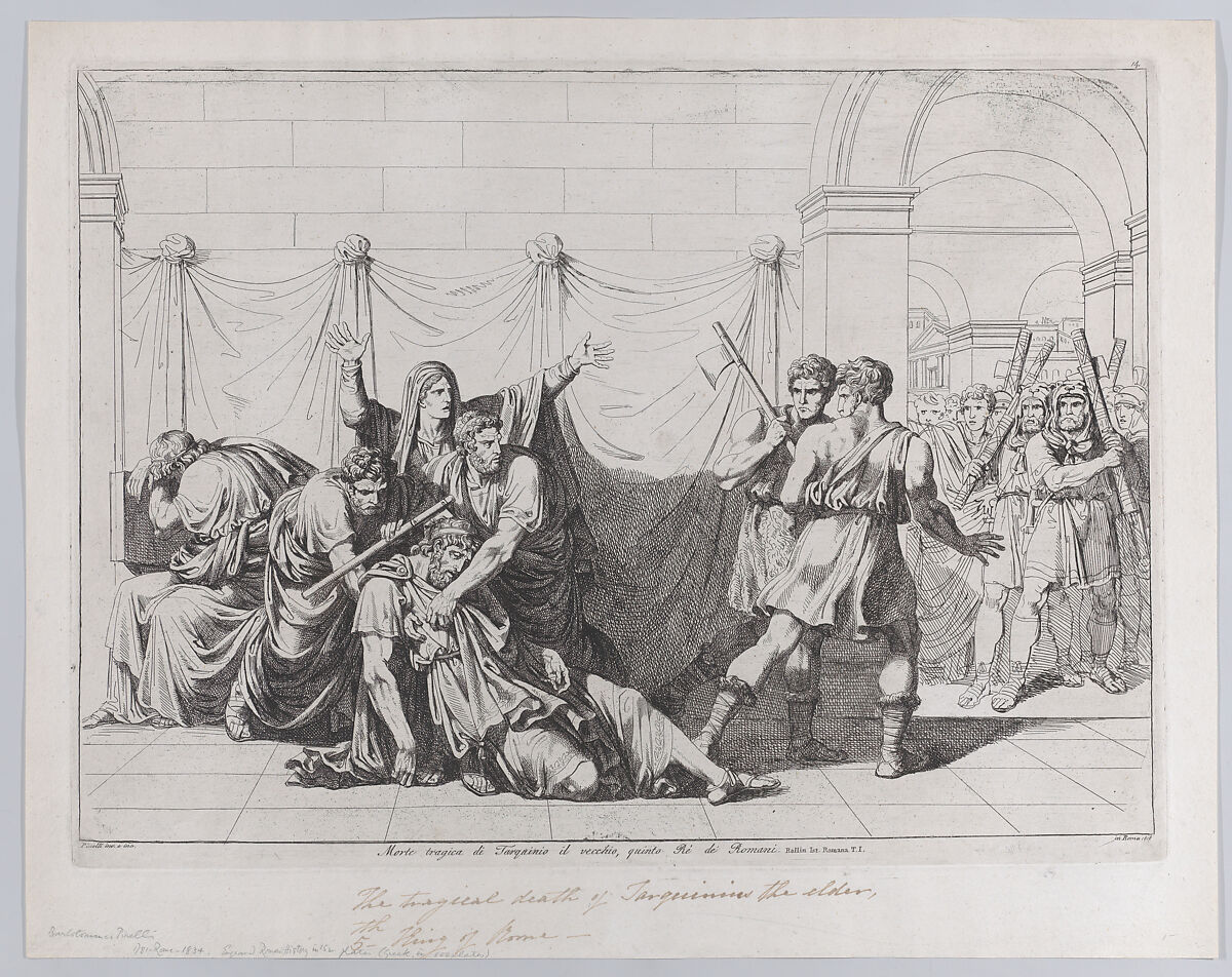Plate 14: The Tragic Death of Tarquin the Elder; from volume I of Rollin's 'Istoria Romana', Bartolomeo Pinelli (Italian, Rome 1781–1835 Rome), Etching 