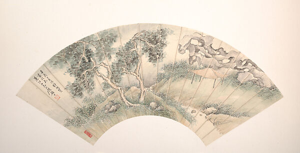 Pavilion beside a rock garden and stream, Gu Linshi (Chinese, 1865–1930), Folding fan mounted as an album leaf; ink and color on alum paper, China 