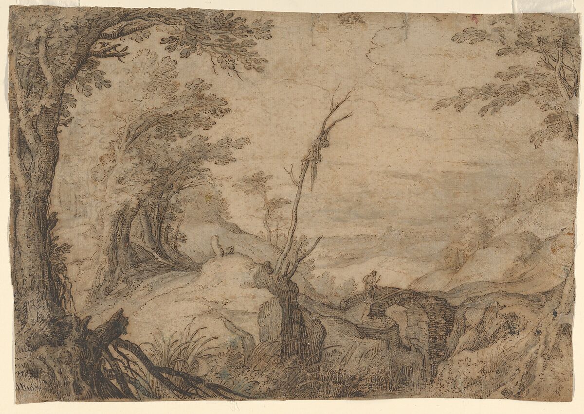 Skeleton Hanging from a Tree in a Landscape, Paul Bril (Netherlandish, Breda (?) 1553/54–1626 Rome), Pen and brown ink, with brush and grayish-brown wash, over black chalk 