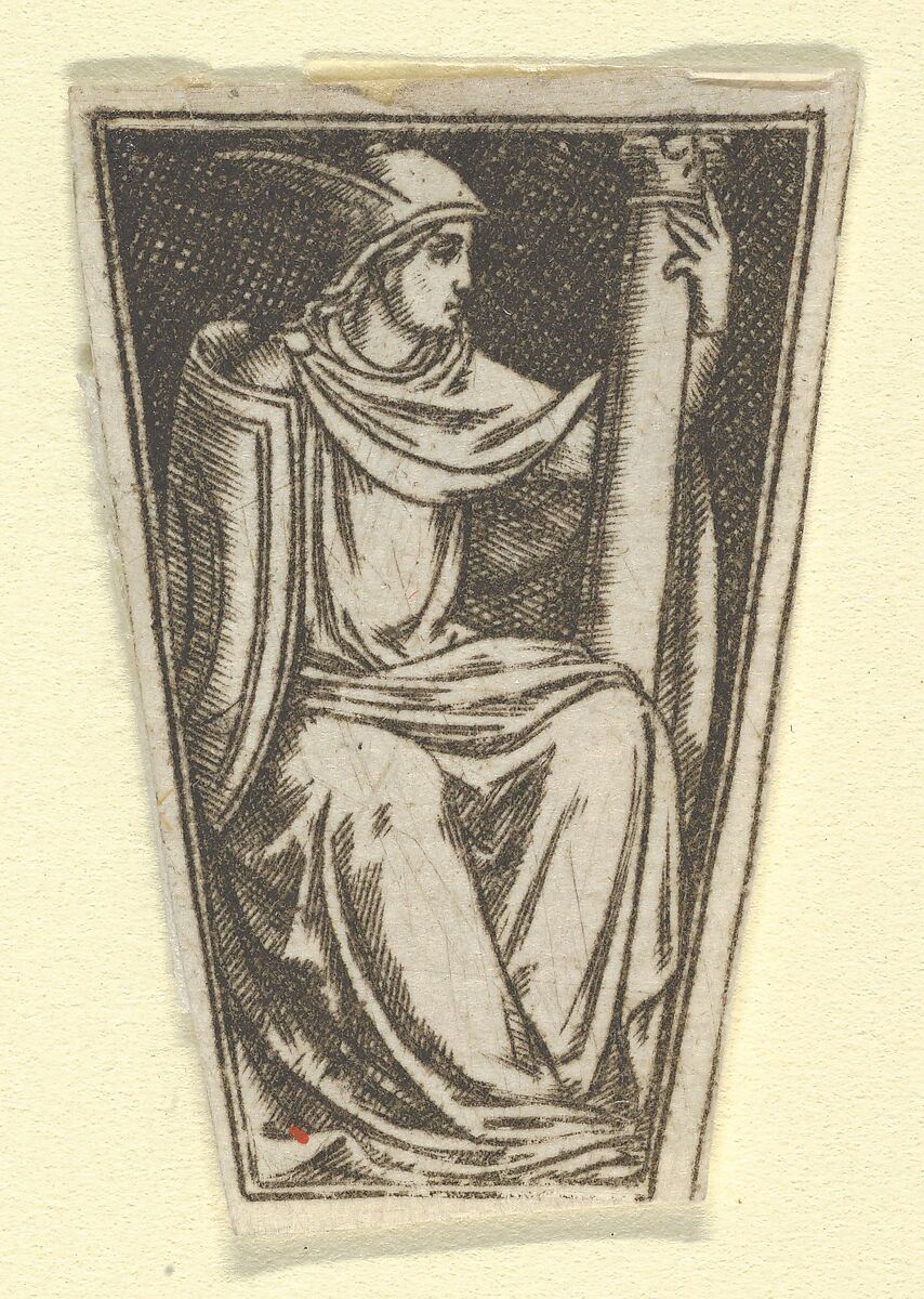 The cardinal virtue of Fortitude represented by a seated woman, her right hand on a column  (possibly a modern impression), Anonymous, Engraving, printed from a plate engraved in the niello manner 