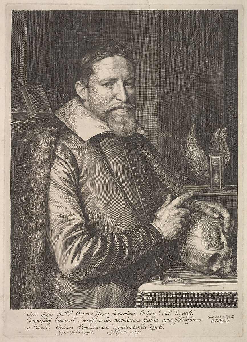 Portrait of Joannes Neyen, General of the Order of Franciscan Friars, Ambassador in Trier, Jan Muller (Netherlandish, Amsterdam 1571–1628 Amsterdam), Engraving; New Holl.'s fourth state of five 