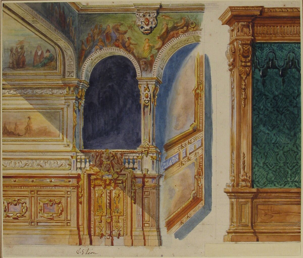 Design for an Interior, possibly a Theater, V. S. Léon (active France, ca. 1860–80), Graphite, watercolor, gouache