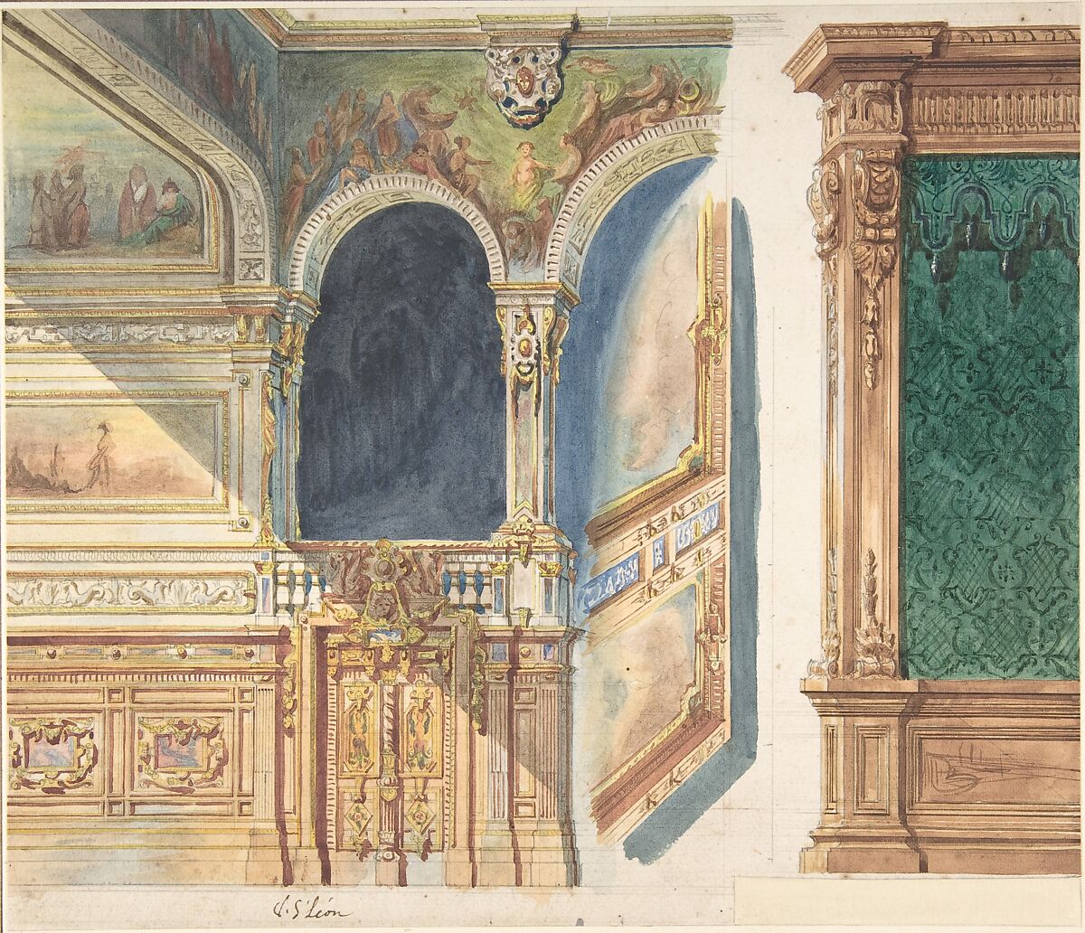 Design for an Interior, possibly a Theater, V. S. Léon (active France, ca. 1860–80), Graphite, watercolor, gouache 