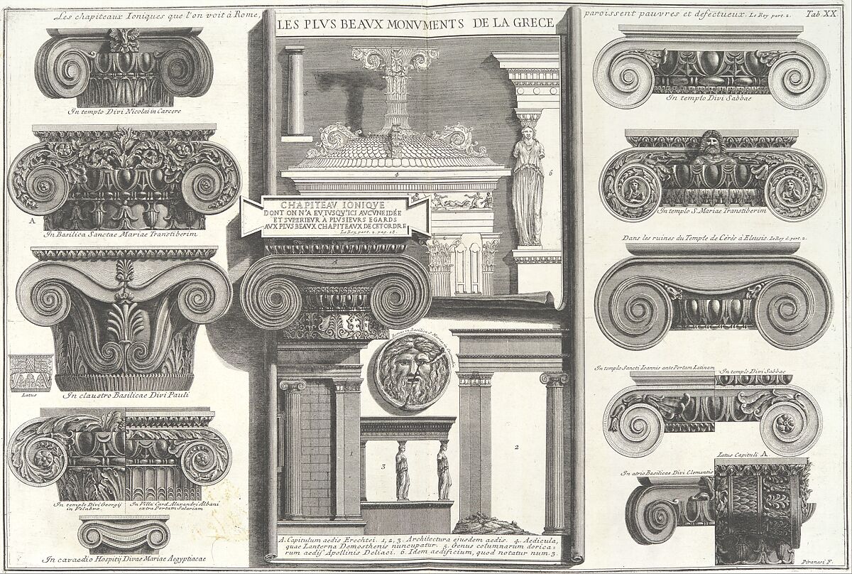 Various Roman Ionic capitals compared with Greek examples from Le Roy [S. Maria in Trastevere, S. Paoplo fuori le Mura, S. Clemente, etc.], tab. 20 from 