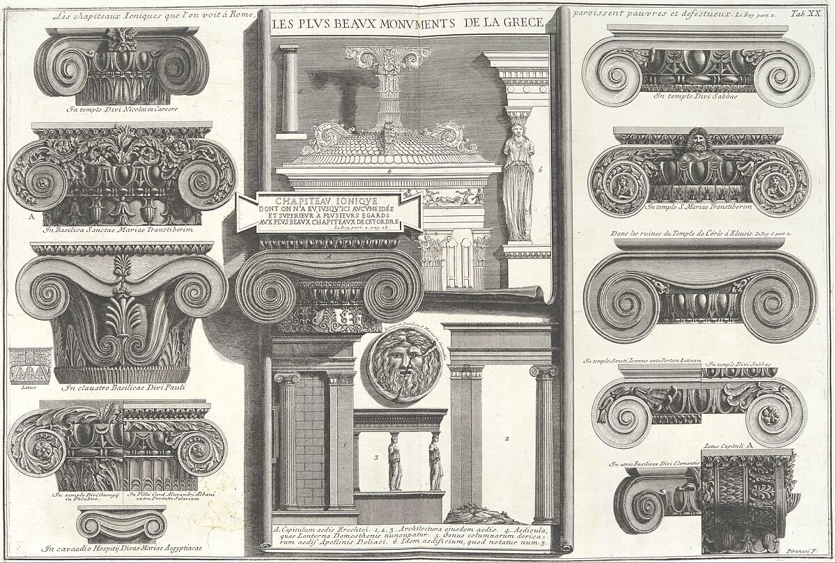 Various Roman Ionic capitals compared with Greek examples from Le Roy [S. Maria in Trastevere, S. Paoplo fuori le Mura, S. Clemente, etc.], tab. 20 from "Della Magnificenza e d'Architettura de'Romani" (On the Grandeur and the Architecture of the Romans by Gio. Battista Piranesi, Fellow of the Royal Society of Antiquaries of London), Giovanni Battista Piranesi (Italian, Mogliano Veneto 1720–1778 Rome), Etching 