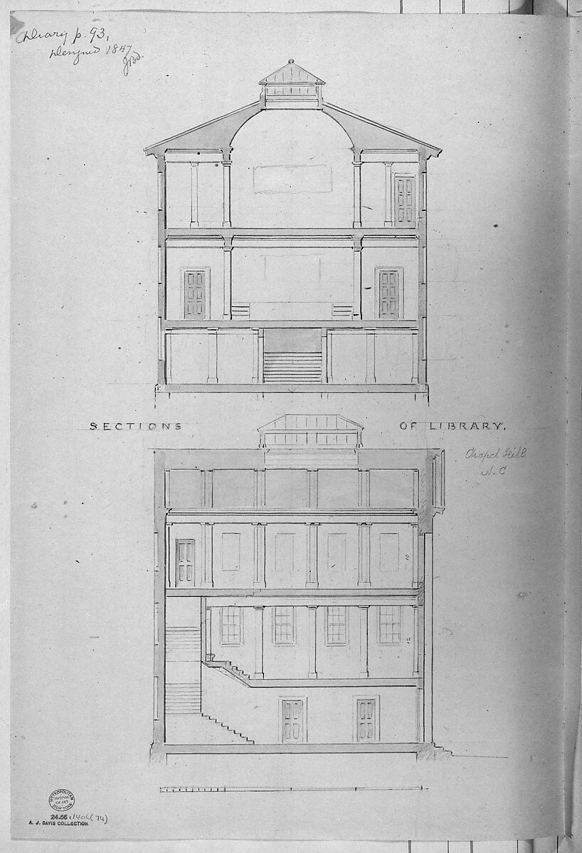 A. J. Davis, Scrapbook VII, Alexander Jackson Davis (American, New York 1803–1892 West Orange, New Jersey), Bound pages mounted with drawings and prints 