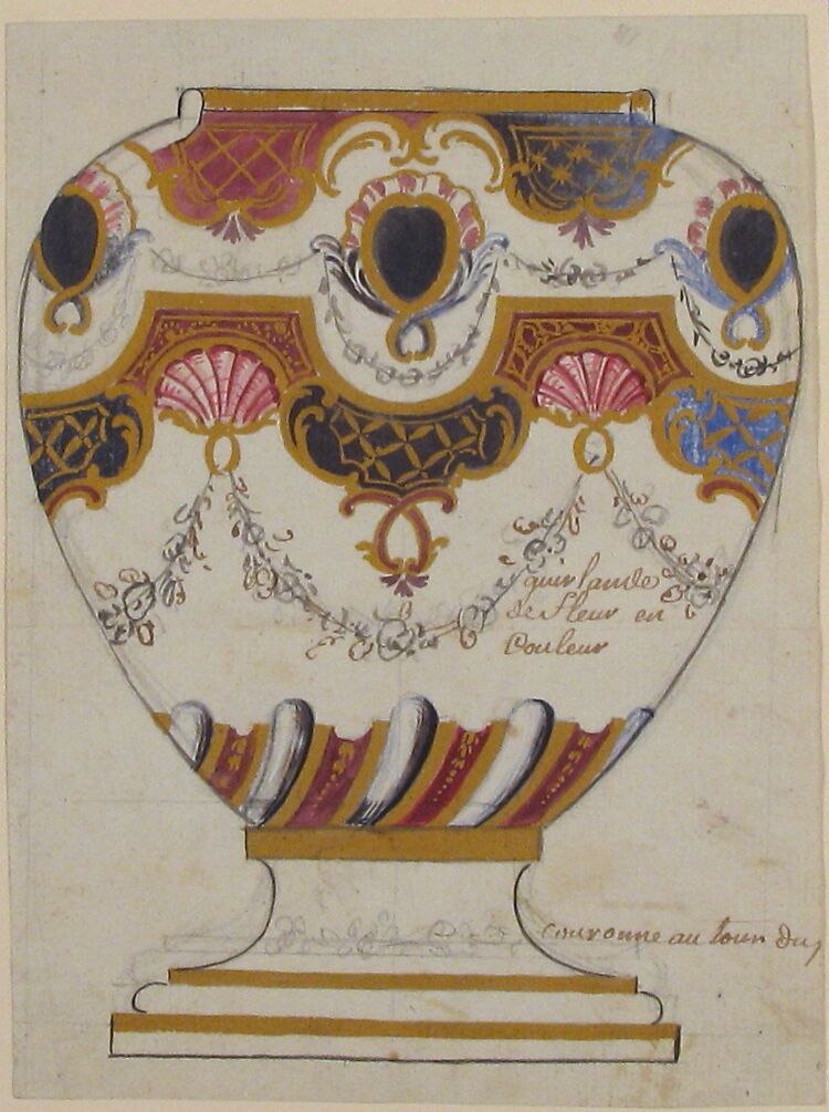 Design for a Porcelain Vase, Anonymous, French, 19th century, Pen and black ink, watercolor, gouache