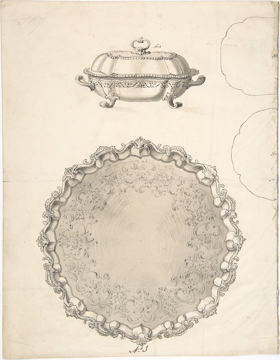 Designs for Two Silver Serving Dishes and Trays, Anonymous, French, 19th century, Pen and black ink, brush and gray wash 