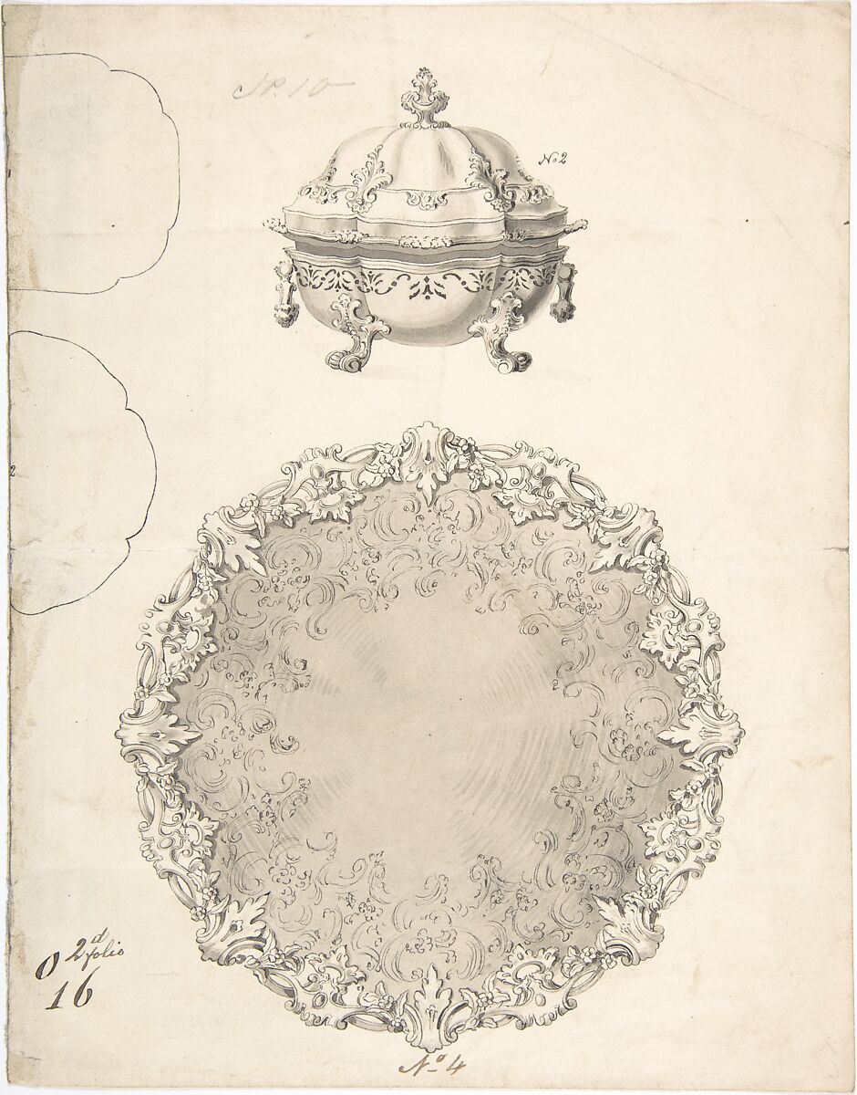 Designs for Two Silver Serving Dishes and Trays, Anonymous, French, 19th century, Pen and black ink, brush and gray wash