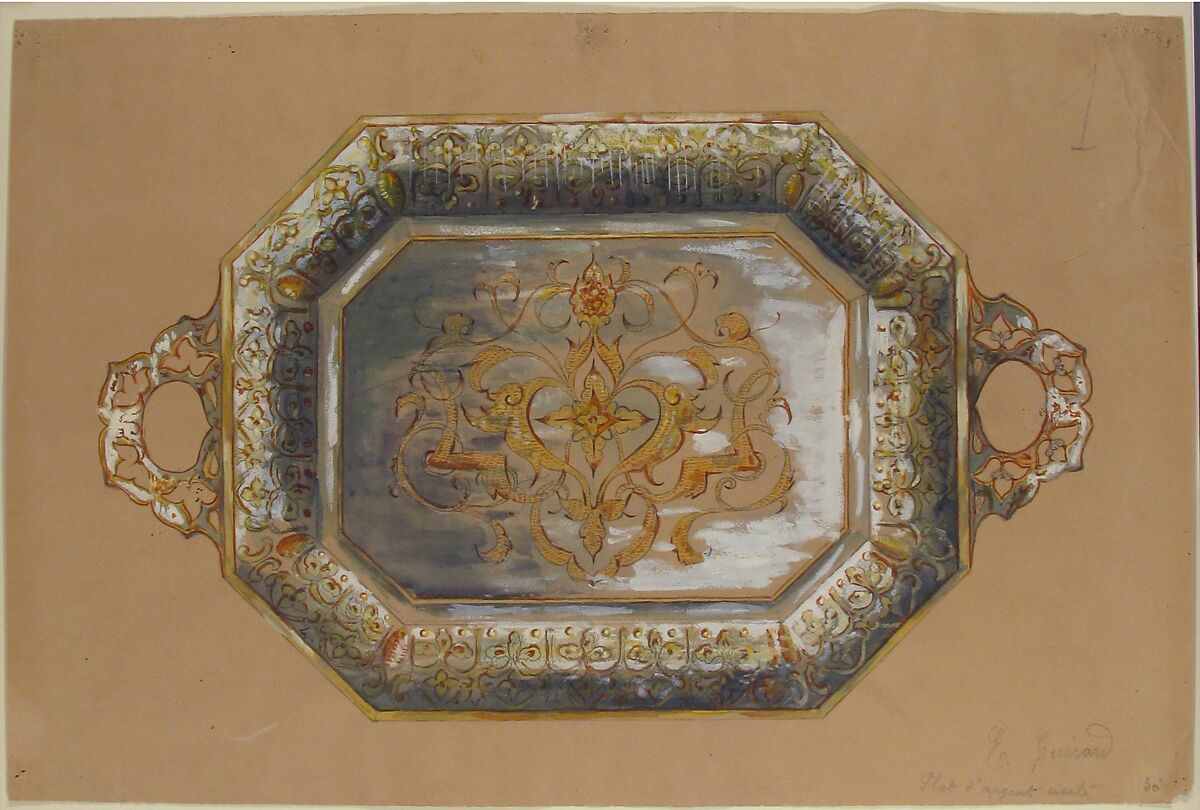 Design for an Embossed Silver Platter, Anonymous, French, 19th century, Graphite, watercolor, gouache