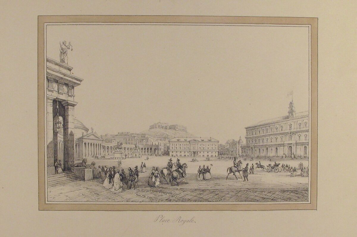 View of Naples: Place Royale, Anonymous, French, 19th century, Pen and black ink, brush and gray wash; framing lines in pen and brown ink, brush and brown wash