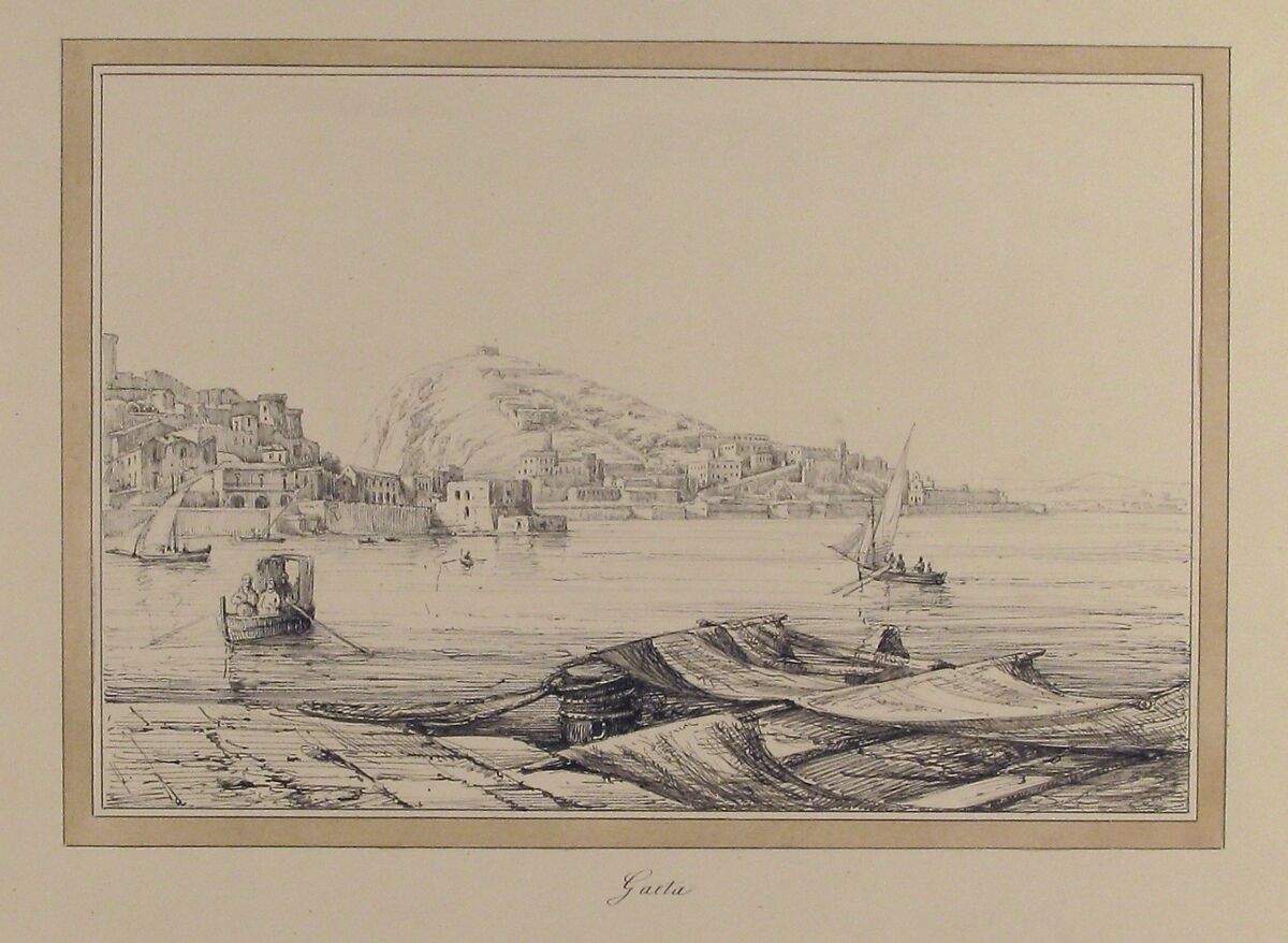 Gaeta, Anonymous, French, 19th century, Pen and black ink, brush and gray wash; framing lines in pen and brown ink, brush and brown wash