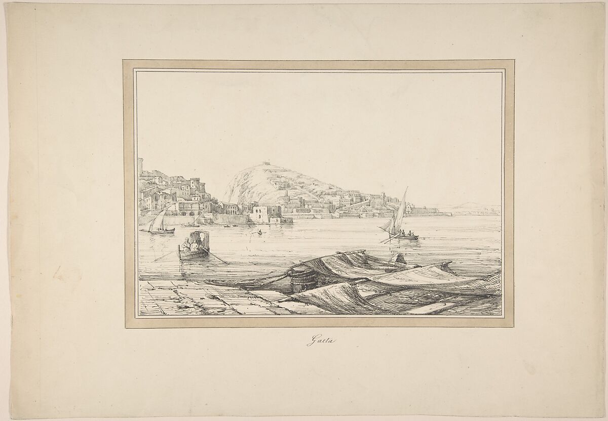 Gaeta, Anonymous, French, 19th century, Pen and black ink, brush and gray wash.  Framing lines in pen and brown ink, brush and brown wash. 