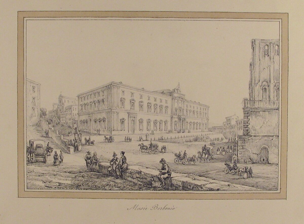 View of Naples: Musée Borbonio, Anonymous, French, 19th century, Pen and black ink, graphite; framing lines in pen and brown ink, brush and brown wash