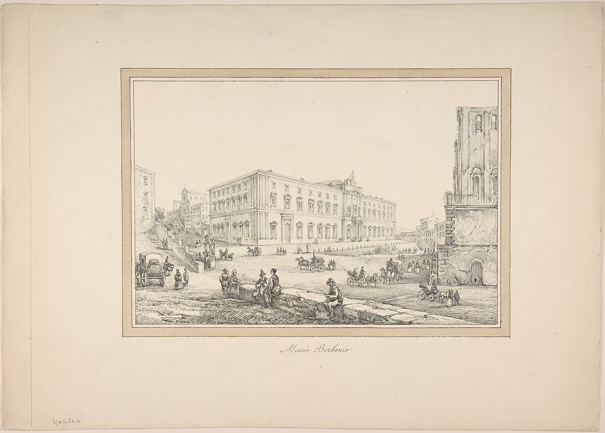 View of Naples: Musée Borbonio, Anonymous, French, 19th century, Pen and black ink, graphite.  Framing lines in pen and brown ink, brush and brown wash. 