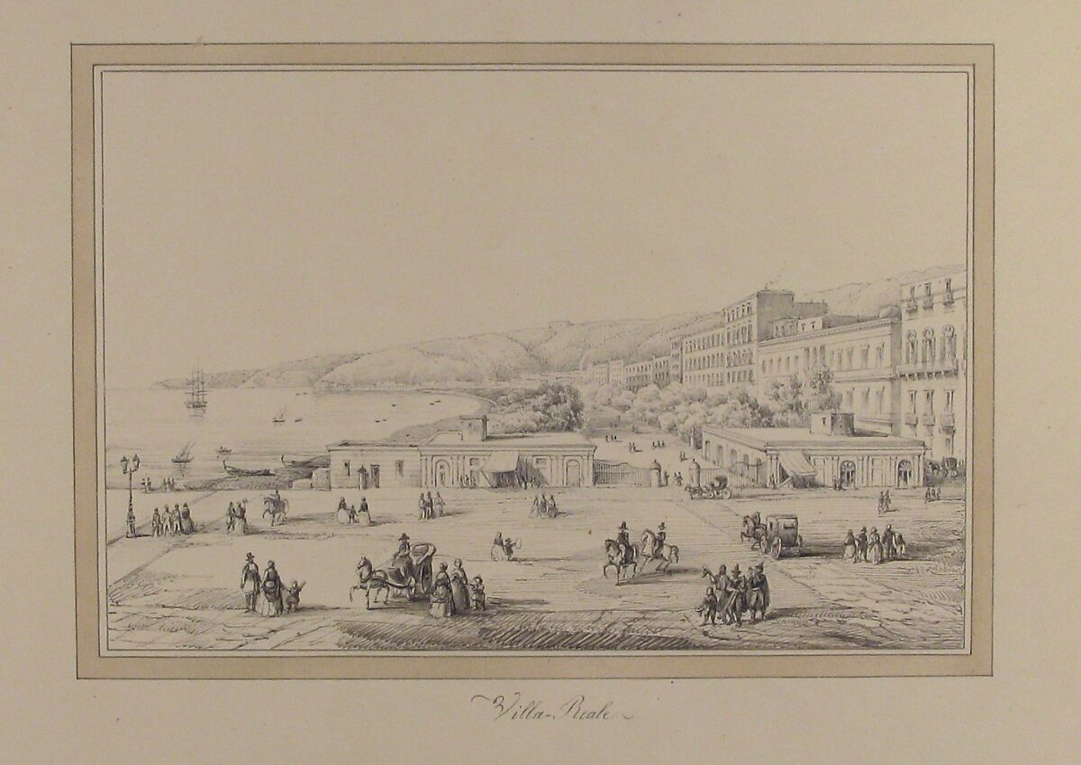 View of Naples: Villa Reale, Anonymous, French, 19th century, Pen and black ink, brush and gray wash; framing lines in pen and brown ink, brush and brown wash
