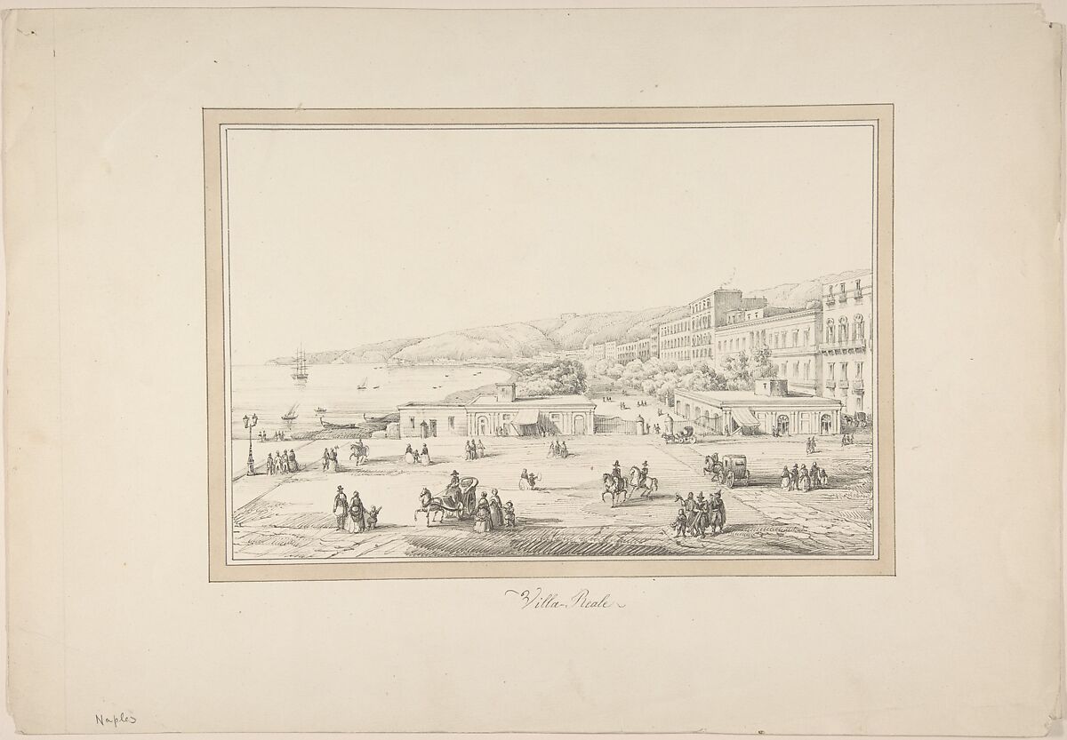 View of Naples: Villa Reale, Anonymous, French, 19th century, Pen and black ink, brush and gray wash.  Framing lines in pen and brown ink, brush and brown wash. 