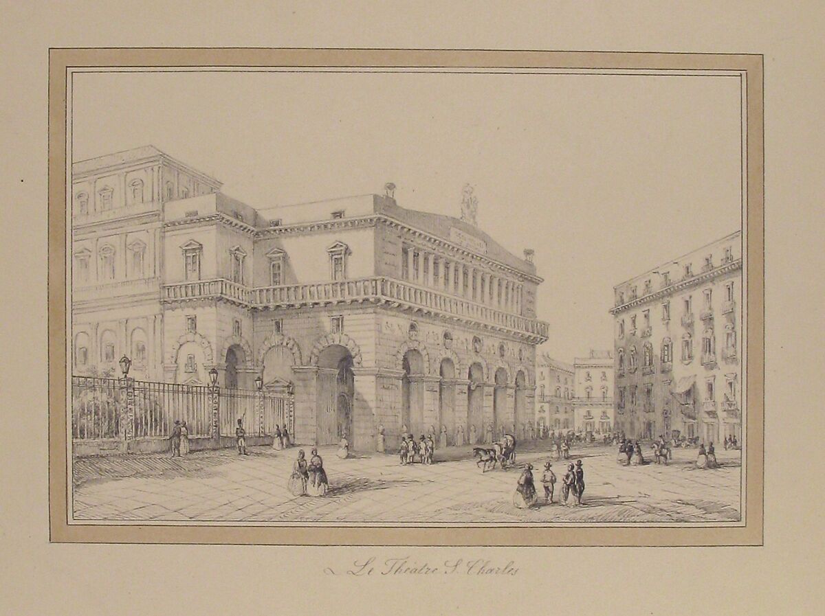View of Naples: Teatro San Carlos, Anonymous, French, 19th century, Pen and black ink, brush and gray wash; framing lines in pen and brown ink, brush and brown wash