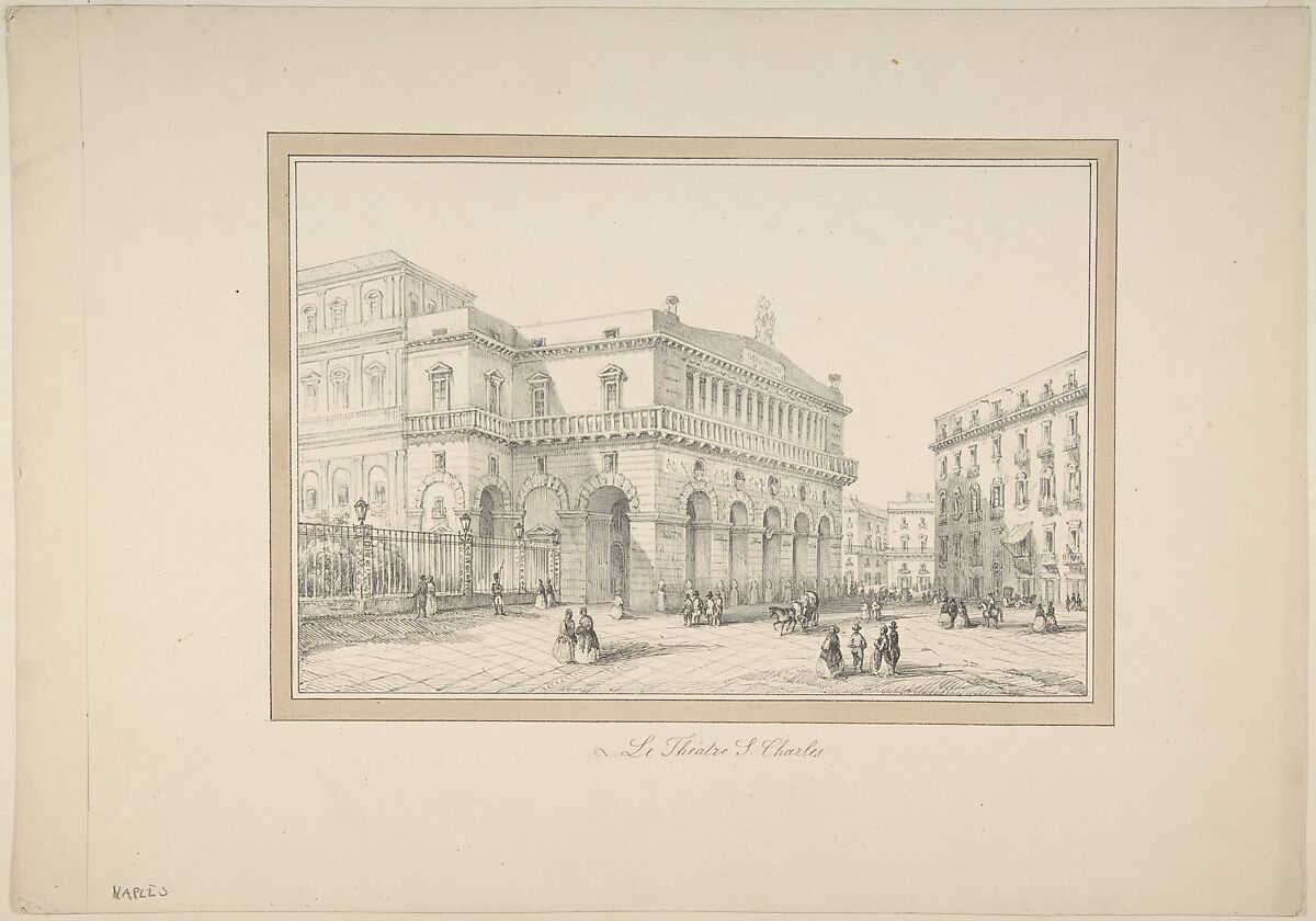 View of Naples: Teatro San Carlos, Anonymous, French, 19th century, Pen and black ink, brush and gray wash.  Framing lines in pen and brown ink, brush and brown wash. 