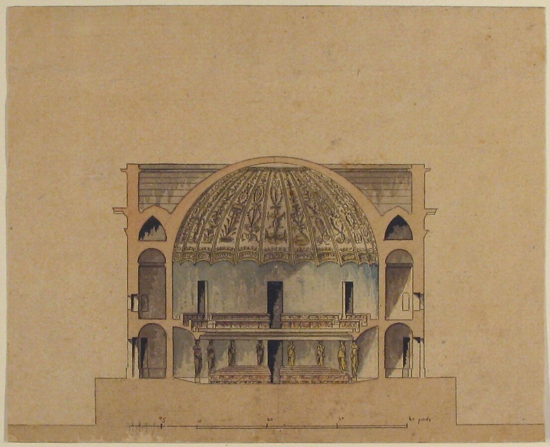 Design for the Interior Elevation of a Theater, Anonymous, French, 19th century, Pen and black ink, watercolor