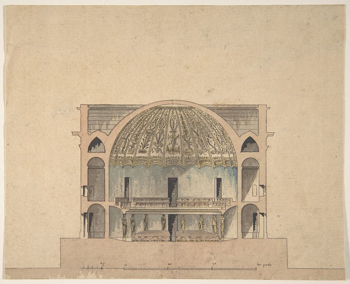 Design for the Interior Elevation of a Theater, Anonymous, French, 19th century, Pen and black ink, watercolor 