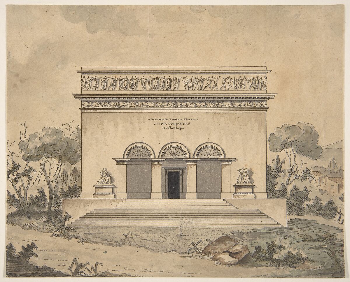Design for the Exterior of a Theater, Anonymous, French, 19th century, Pen and black ink, watercolor 