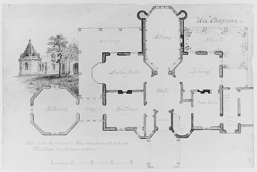 Whitby, William P. Chapman House, Rye, New York (plan and partial elevation), Alexander Jackson Davis (American, New York 1803–1892 West Orange, New Jersey), Watercolor and ink 