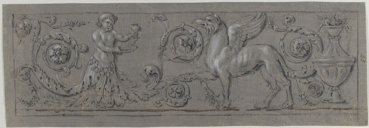 Design for a Decorative Frieze, Anonymous, French, 19th century, Graphite, black chalk, brush and brown wash, heightened with white.  Framing lines in black chalk 