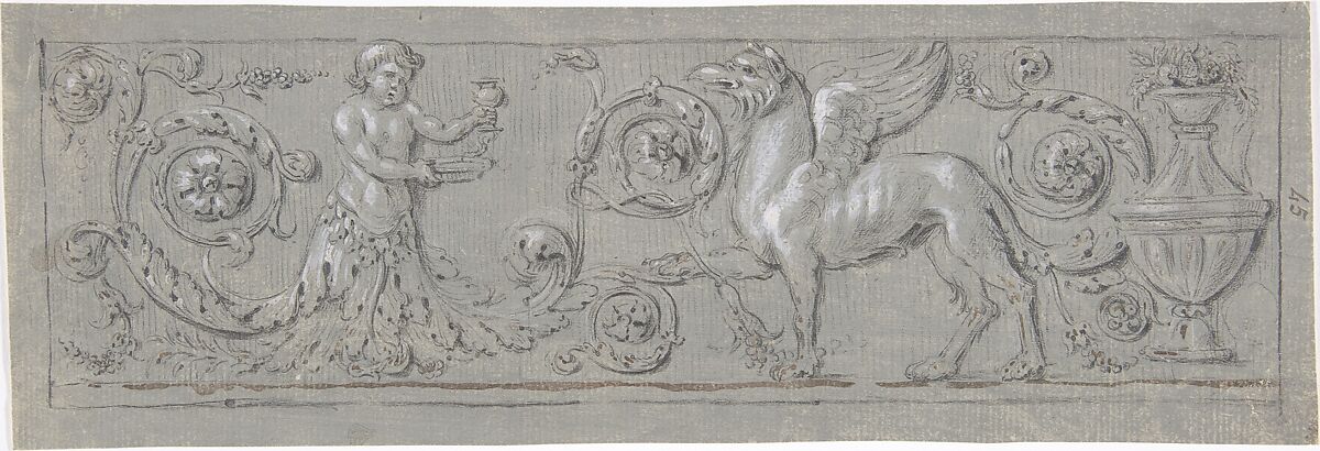 Design for a Decorative Frieze, Anonymous, French, 19th century, Graphite, black chalk, brush and brown wash, heightened with white; framing lines in black chalk