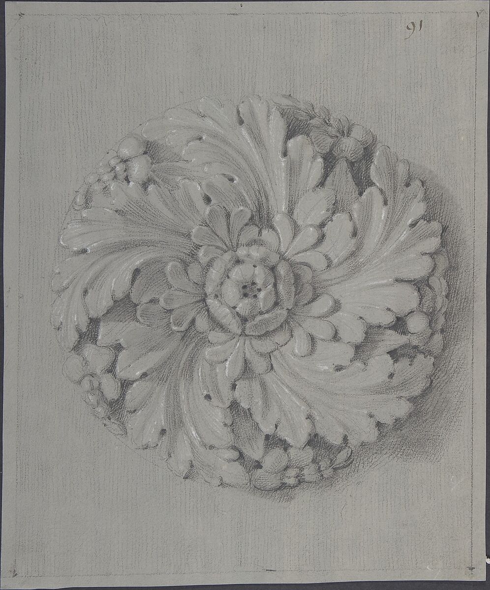 Design for a Rosette Relief, Anonymous, French, 19th century, Graphite, black chalk, heightened with white; framing lines in black chalk