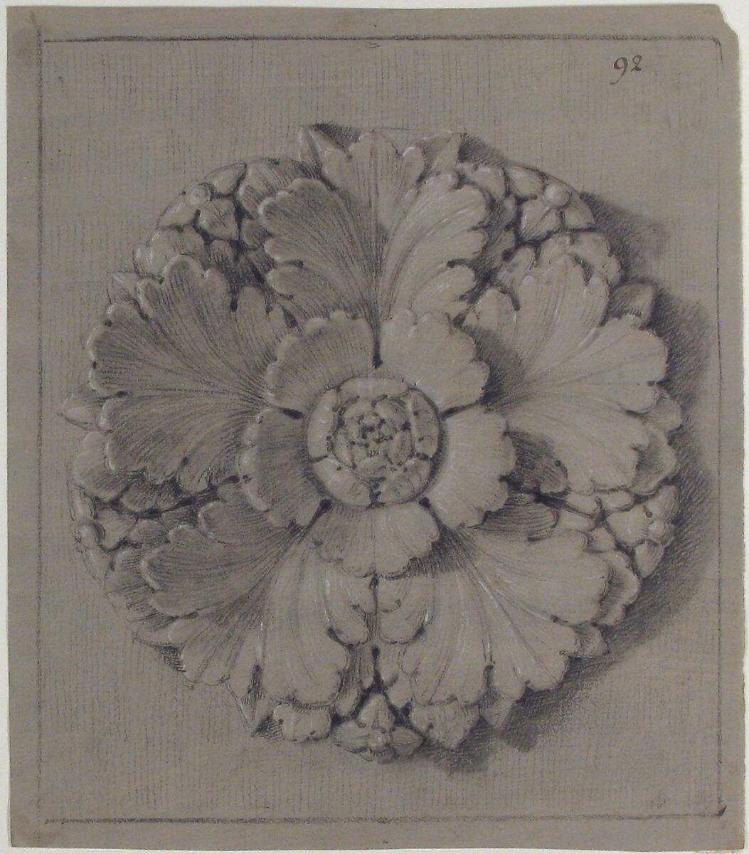 Design for a Rosette Relief, Anonymous, French, 19th century, Graphite, black chalk, heightened with white;  framing lines in black chalk 