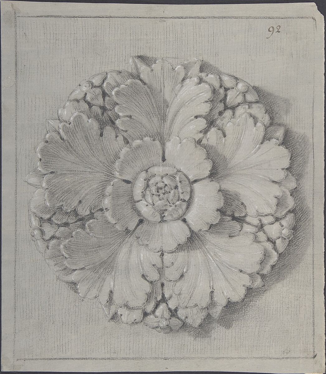 Design for a Rosette Relief, Anonymous, French, 19th century, Graphite, black chalk, heightened with white; framing lines in black chalk