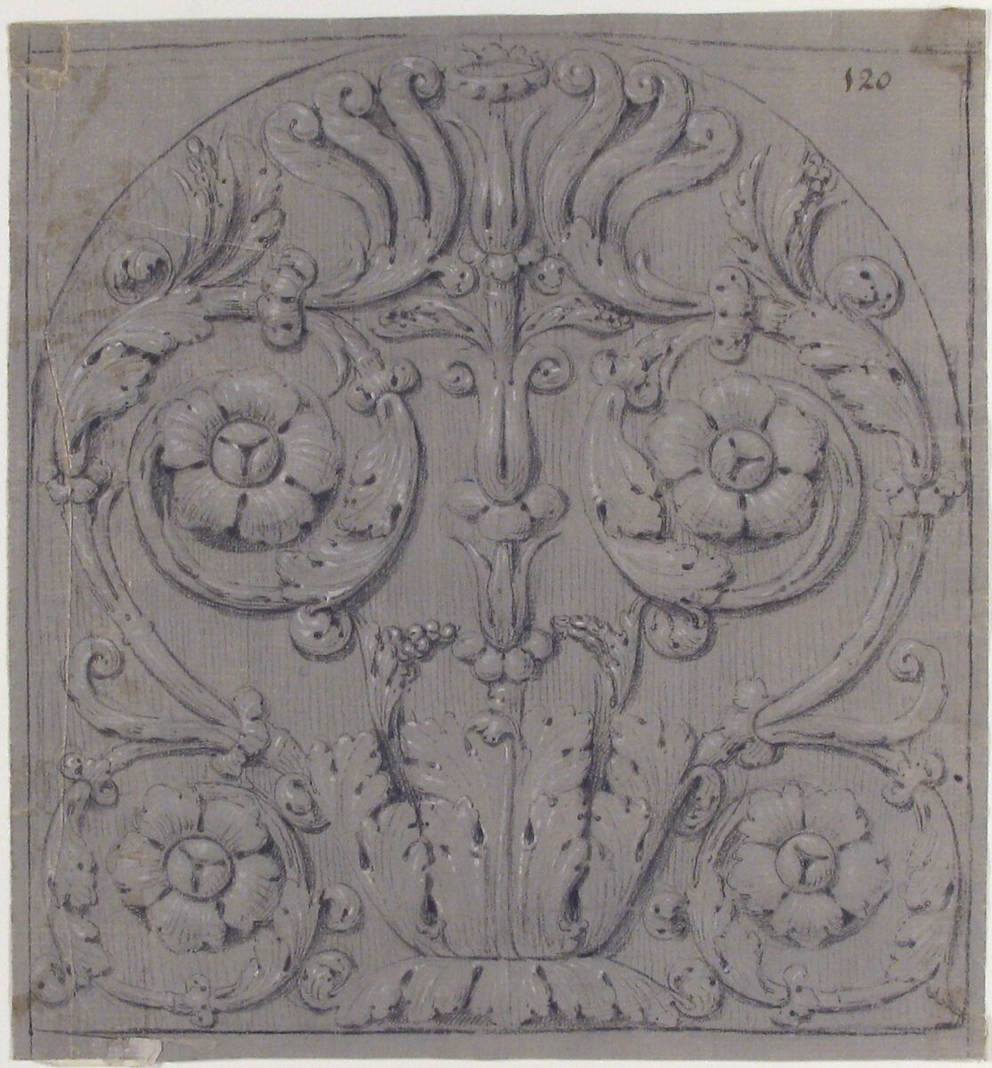 Design for Sculpted Ornament, Anonymous, French, 19th century, Black chalk heightened with white; framing lines in black chalk 