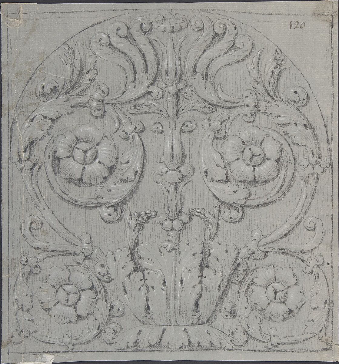 Design for Sculpted Ornament, Anonymous, French, 19th century, Black chalk heightened with white; framing lines in black chalk