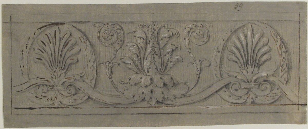 Design for a Decorative Frieze, Anonymous, French, 19th century, Graphite, black chalk, brush and brown wash, heightened with white; framing lines in black chalk 