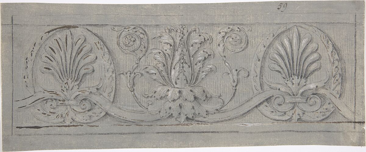 Design for a Decorative Frieze, Anonymous, French, 19th century, Graphite, black chalk, brush and brown wash, heightened with white; framing lines in black chalk