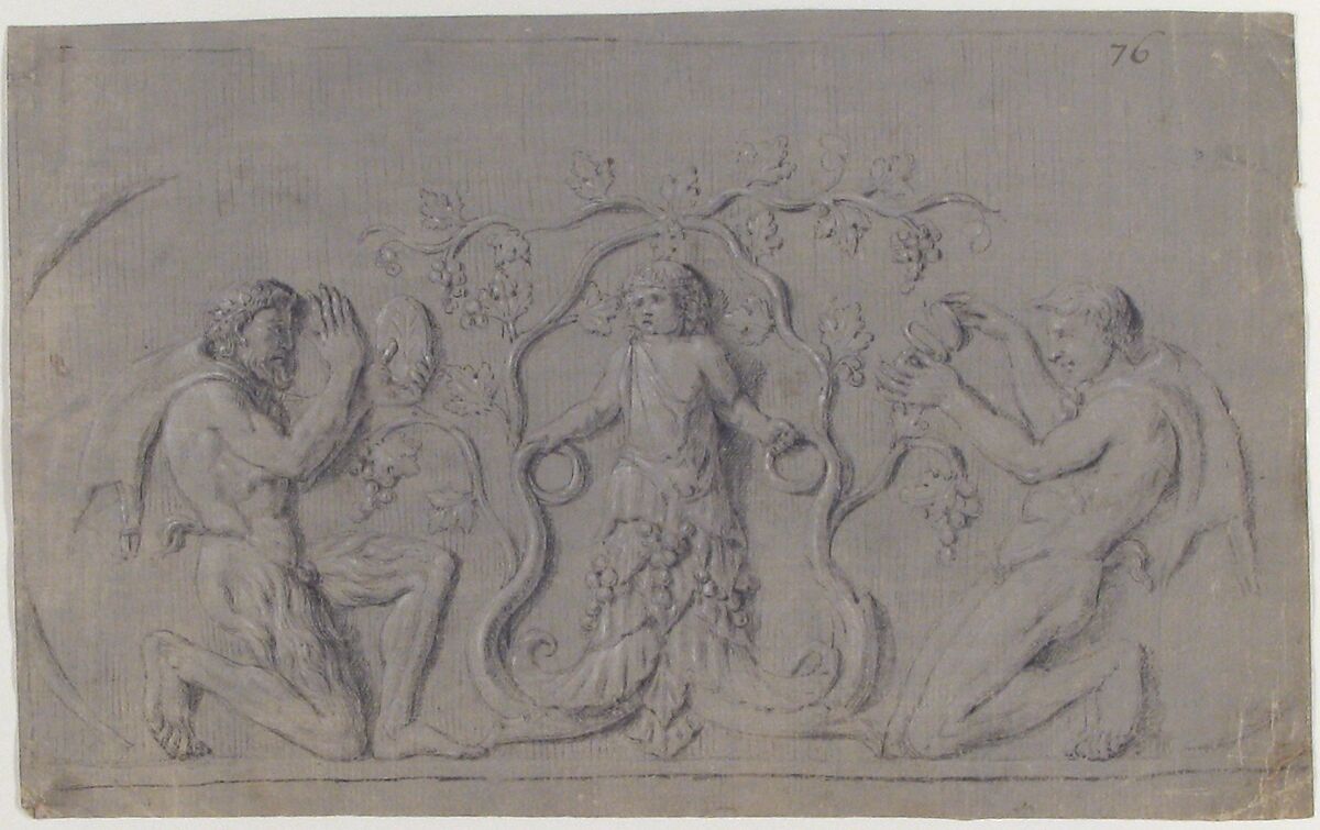 Design for a Figural Relief, Anonymous, French, 19th century, Black chalk heightened with white 
