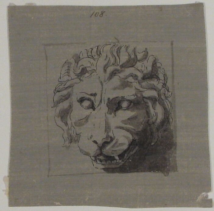 Design for a Lion's Head Relief, Anonymous, French, 19th century, Graphite, black chalk, brush and black wash.  Framing lines in brush and black wash. 