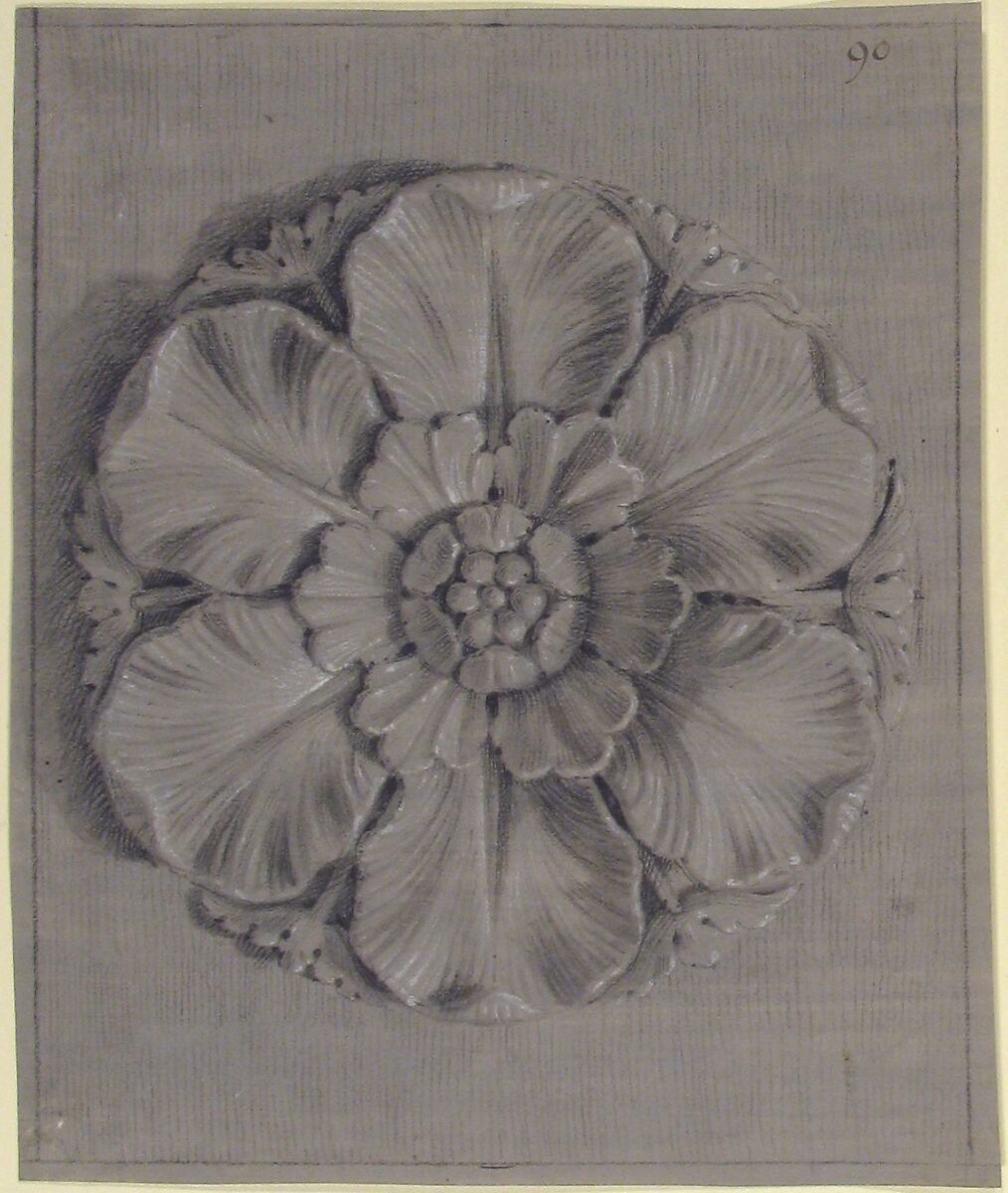 Design for a Rosette Relief, Anonymous, French, 19th century, Graphite, black chalk, heightened with white; framing lines in black chalk 