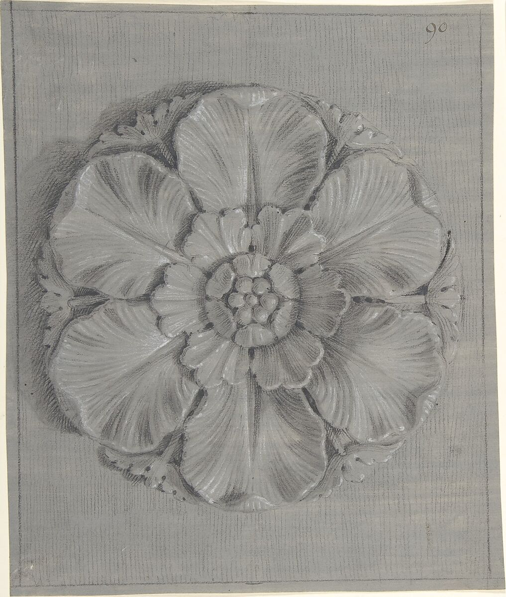 Design for a Rosette Relief, Anonymous, French, 19th century, Graphite, black chalk, heightened with white, on gray paper; framing lines in black chalk
