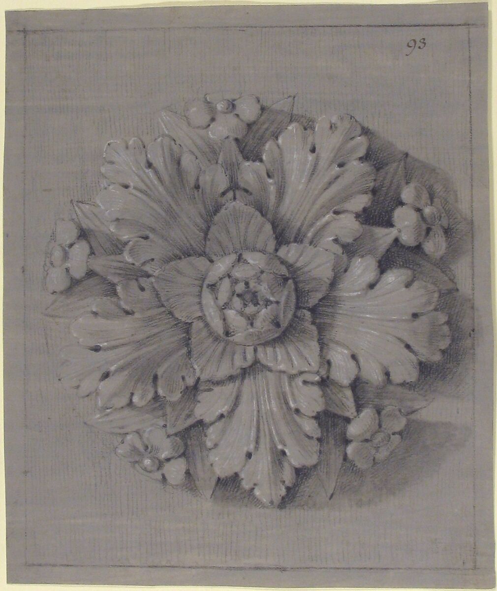 Design for a Rosette Relief, Anonymous, French, 19th century, Graphite, black chalk, heightened with white; framing lines in black chalk 