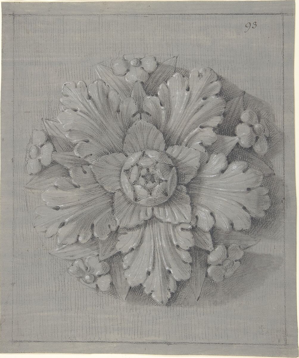 Design for a Rosette Relief, Anonymous, French, 19th century, Graphite, black chalk, heightened with white; framing lines in black chalk