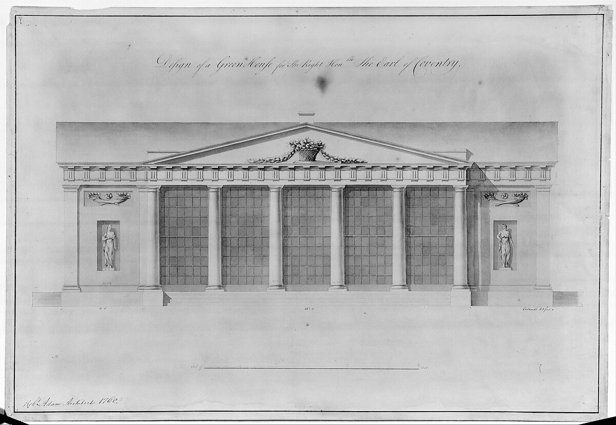Design of a Greenhouse for the Right Honorable Earl of Coventry, Croome Court, Worcestershire (Elevation), Robert Adam (British, Kirkcaldy, Scotland 1728–1792 London), Pen and gray ink, brush and wash