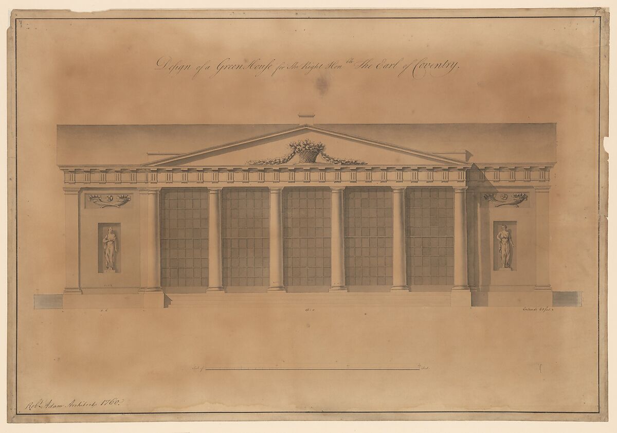 Design of a Greenhouse for the Right Honorable Earl of Coventry, Croome Court, Worcestershire (Elevation), Robert Adam (British, Kirkcaldy, Scotland 1728–1792 London), Pen and gray ink, brush and wash 
