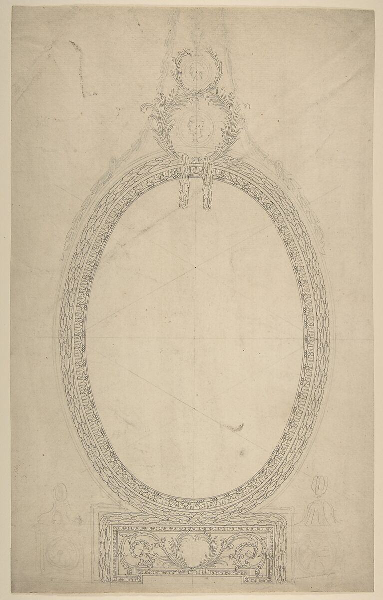 Design for a Girandole Mirror, an Oval Resting on an Oblong Base, Terminated by Two Superimposed Circular Frond-motifs, Topped with a Lion's Head from Which Hang Floral Swags and Pendants, Sir William Chambers (British (born Sweden), Göteborg 1723–1796 London), Pen and watercolor 