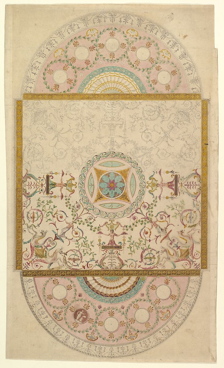 Design for a Ceiling with Square Central Compartment and Semicircular Ends, the Ornament of Foliage and Grotesque Motifs, Anonymous, British, late 18th century, Pen and ink and watercolor 