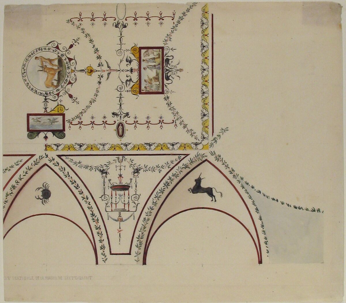 Design for a Vestibule, Anonymous, French, 19th century, Graphite, pen and black ink, watercolor
