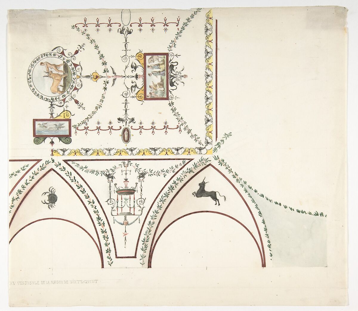 Design for a Vestibule, Anonymous, French, 19th century, Graphite, pen and black ink, watercolor 